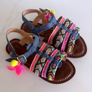 Sam Edelman Gigi Nancy Embroidered Sandals Girls Size 2 Blue Multi Tassel Boho